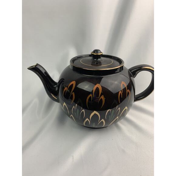 Vintage Brown Heath Ceramics Teapot Made in England Gold Trim Painted Design - Picture 2 of 12